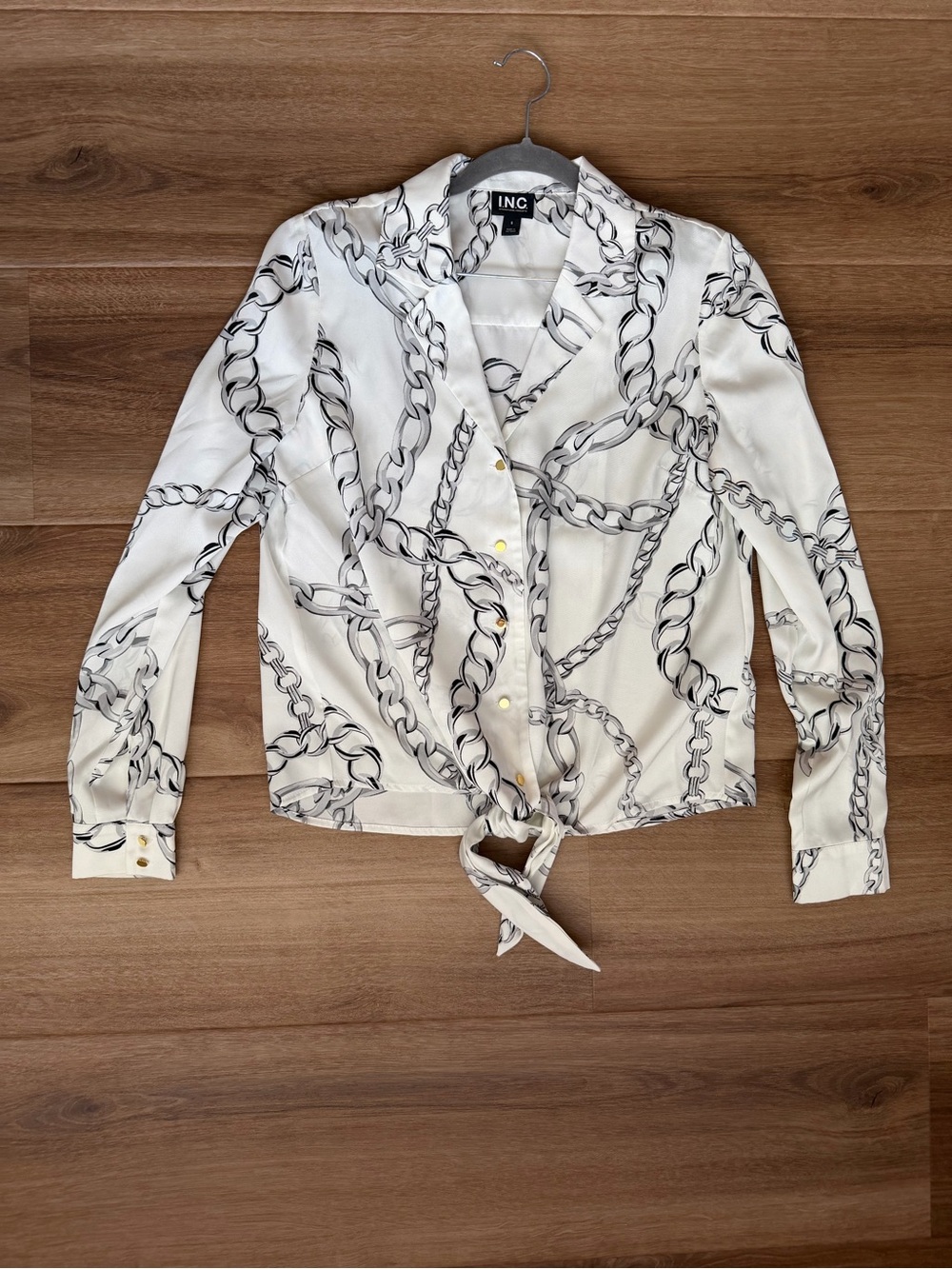 INC International Concepts White Chain-Print Tie-Hem Blouse